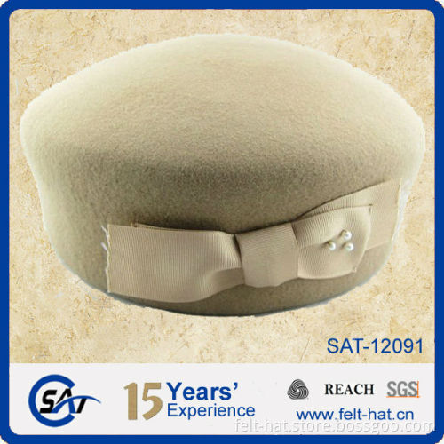 light color quality pure wool felt pillbox hat with bowtie